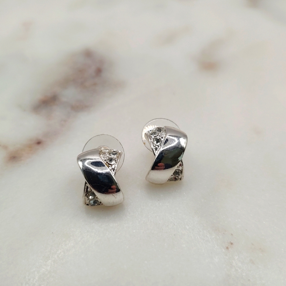 Elegant Silver Twist X Half Hoop Earrings